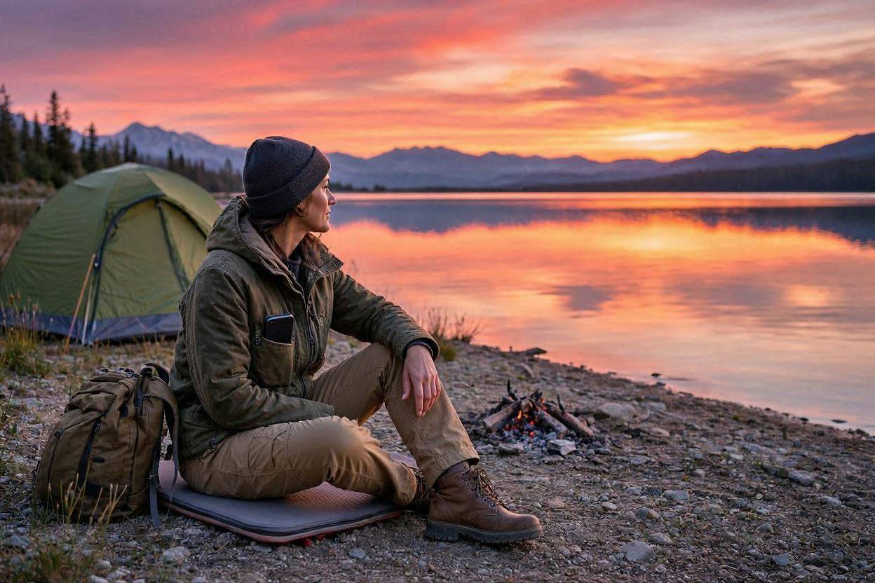 A camper watching the sunset with their phone tucked away