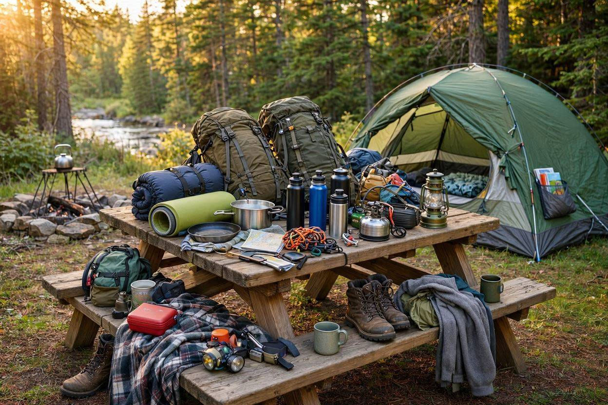 A campsite with far too much gear spread across a picnic table and around the tent.