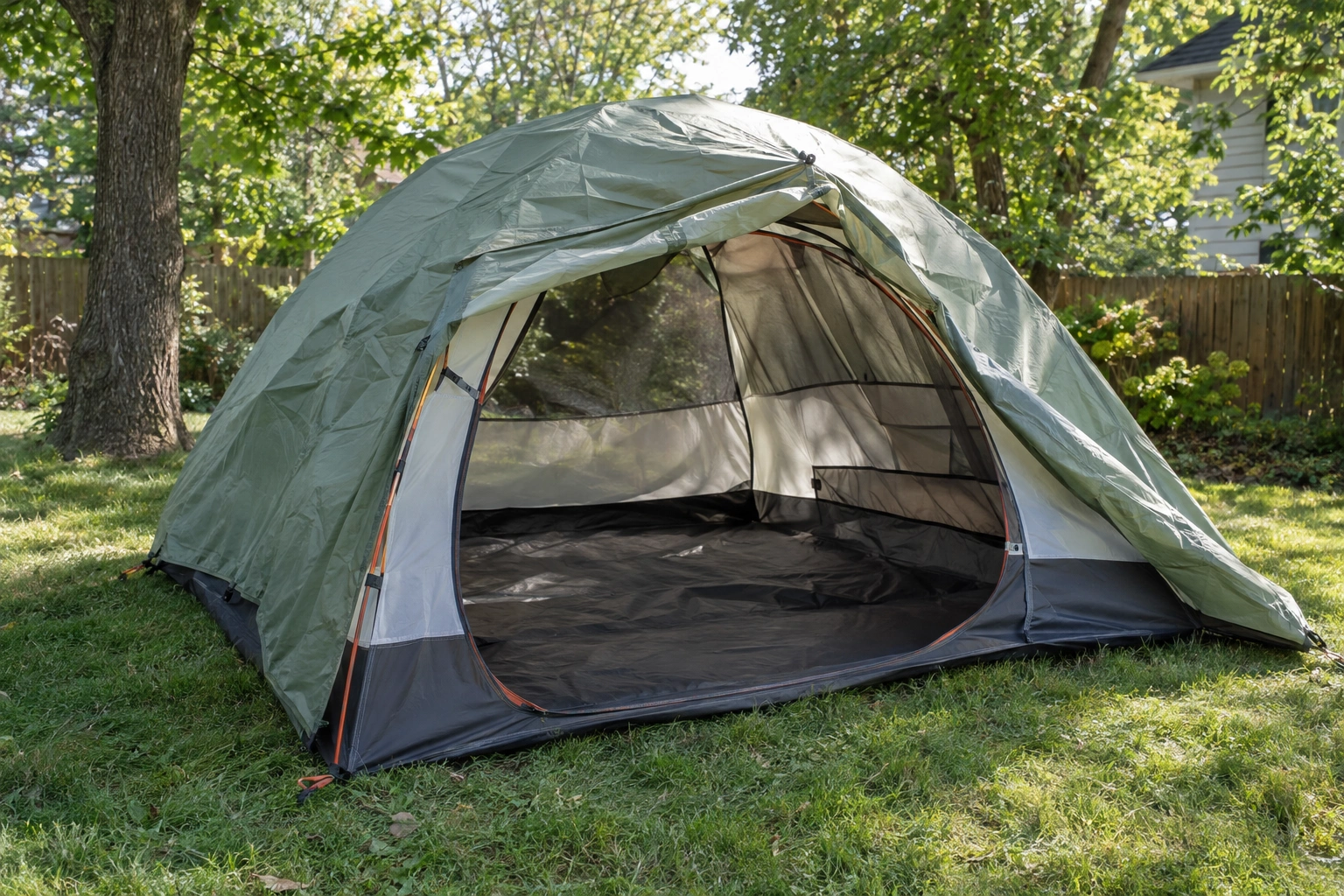 A camping tent airing out in the sunshine before being stored