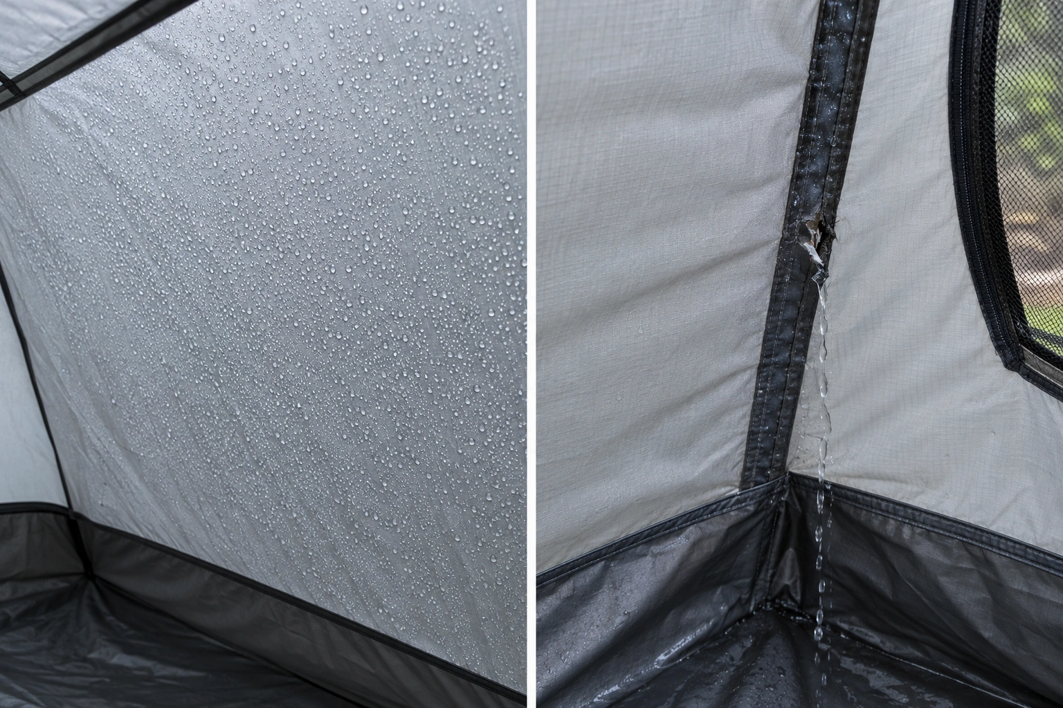 Comparison of widespread tent condensation and a localized possible leak