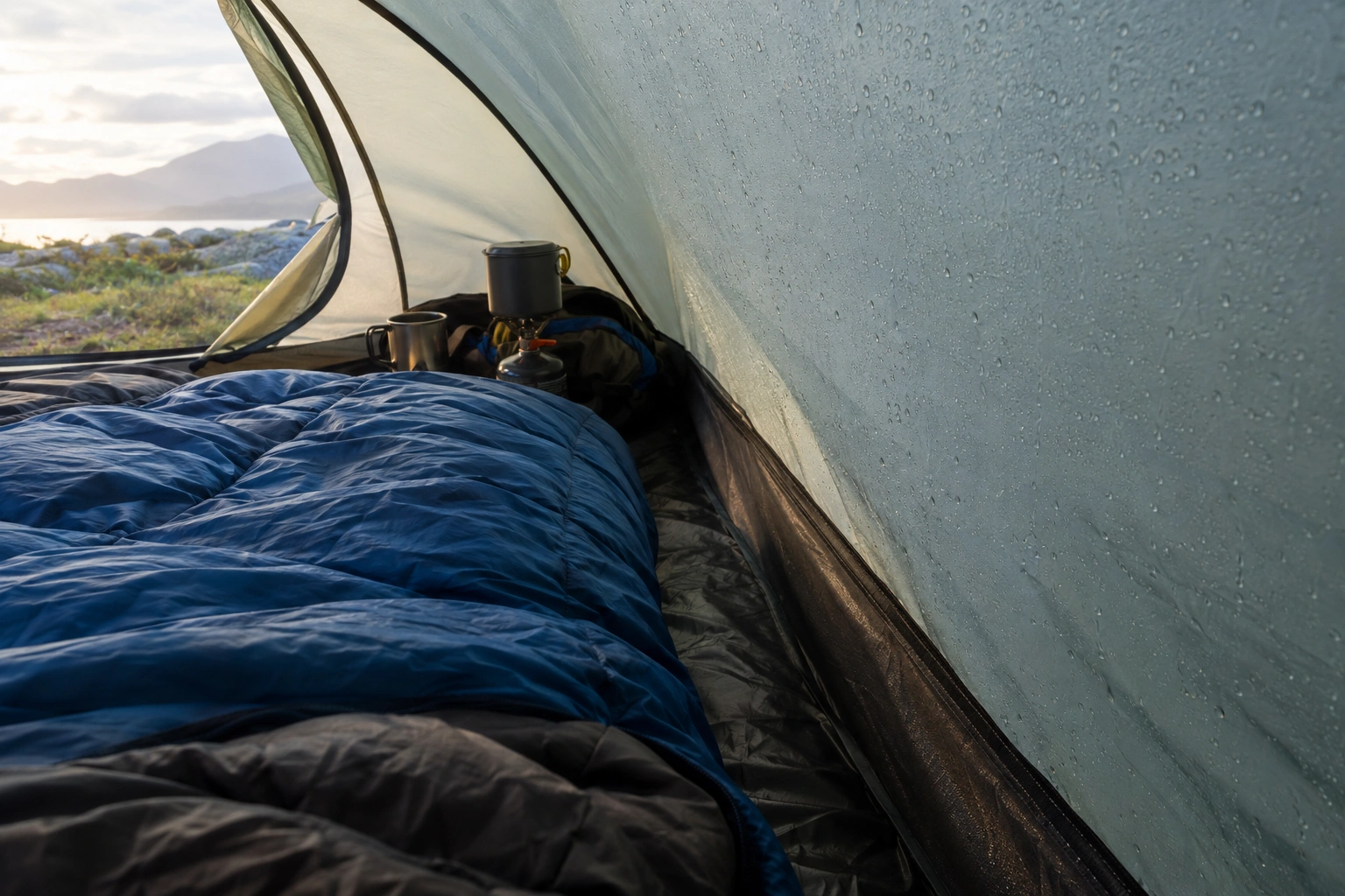 Sleeping bag positioned away from condensation-covered tent walls