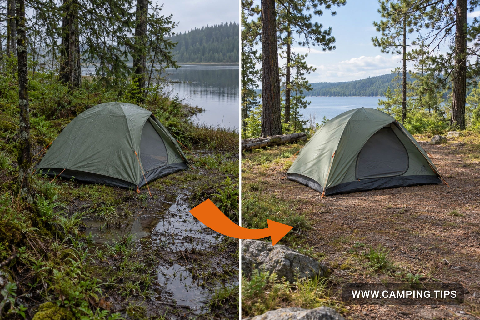 Two campsite locations showing a damp hollow and a better-drained tent pitch