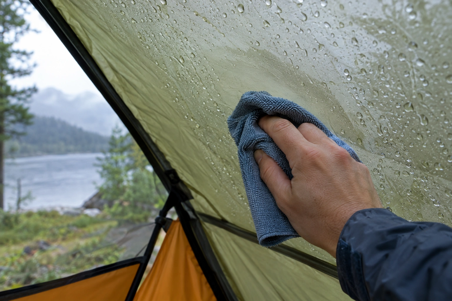 Using a microfiber cloth to wipe condensation from a tent wall
