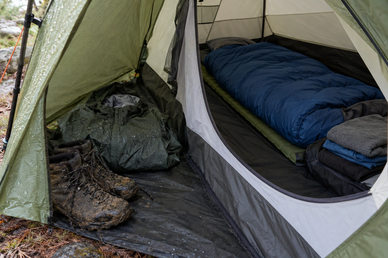 Wet boots and a rain jacket stored in a tent vestibule away from dry sleeping gear.